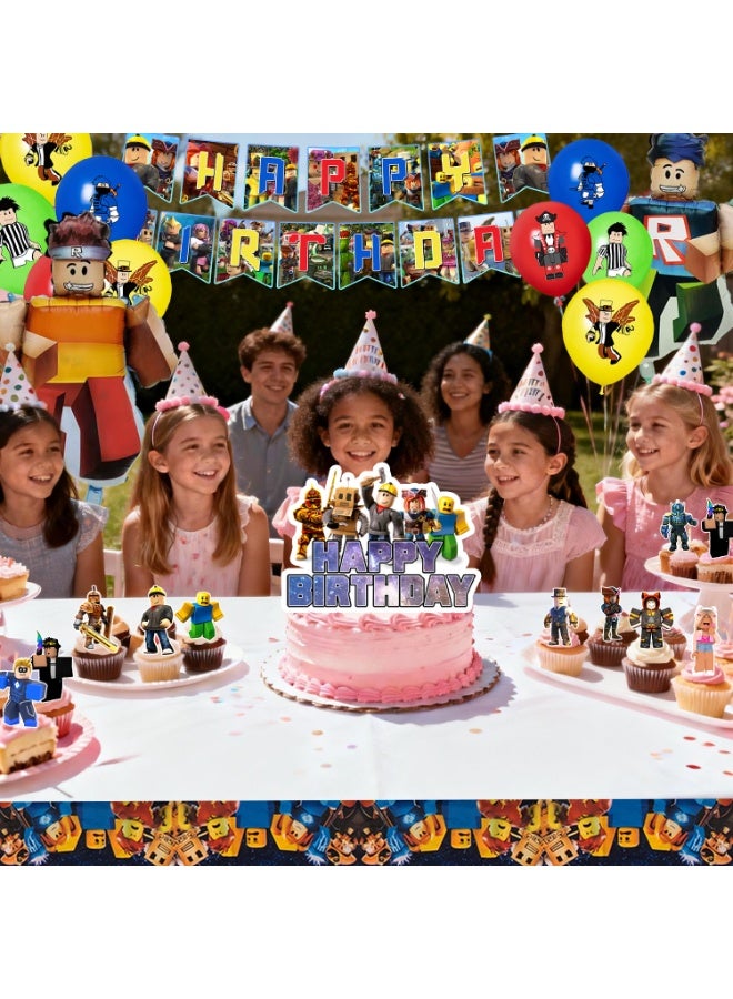 ILovhaprty Roblox Birthday Party Decorations, 35pcs Roblox Decoration Set - Roblox Balloons Banner Tablecloth Cupcake Toppers etc Roblox Birthday Party Decoration Supplies - Image 4